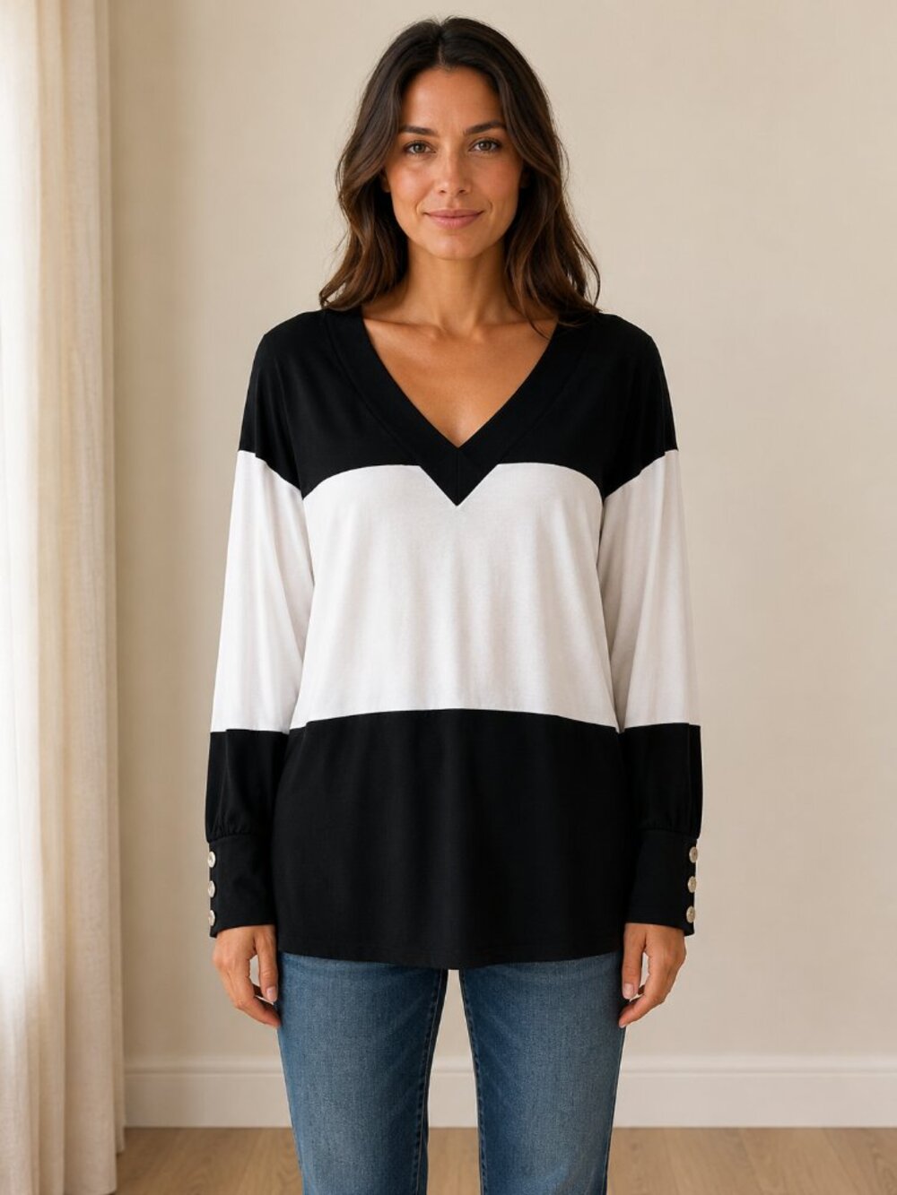 Dokotoo Black White Colorblock V-Neck Long Sleeve Top Button Cuffs Medium